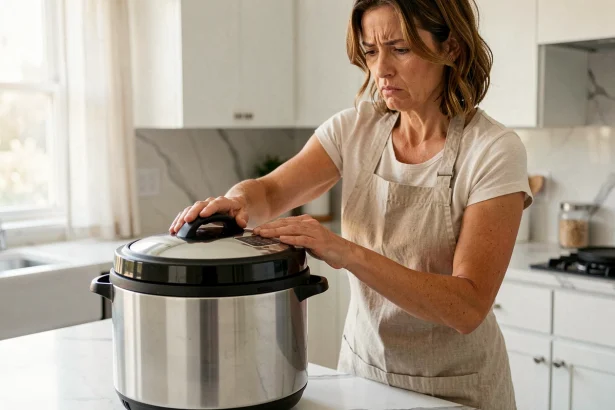 Femme appuyant sur le couvercle d'un multicuiseur électrique affichant une erreur, dans une cuisine moderne