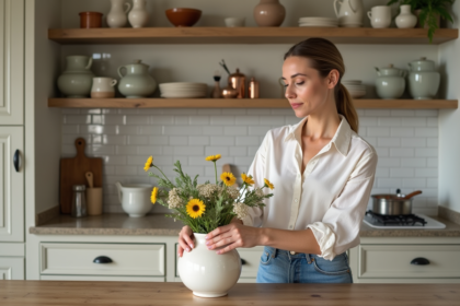 Femme arrangeant des fleurs dans une cuisine moderne