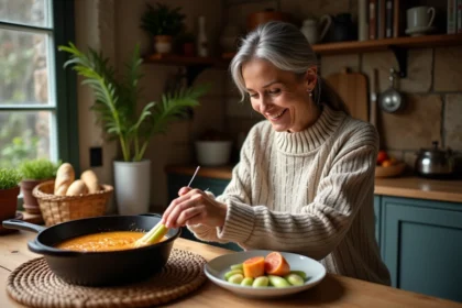Femme en pull d'hiver préparant une fondue de poireaux et saumon dans une cuisine chaleureuse