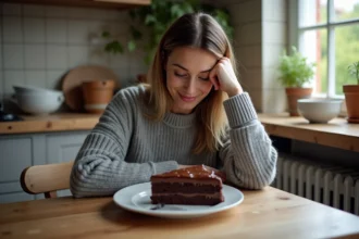 Femme souriante avec gâteau au chocolat maison