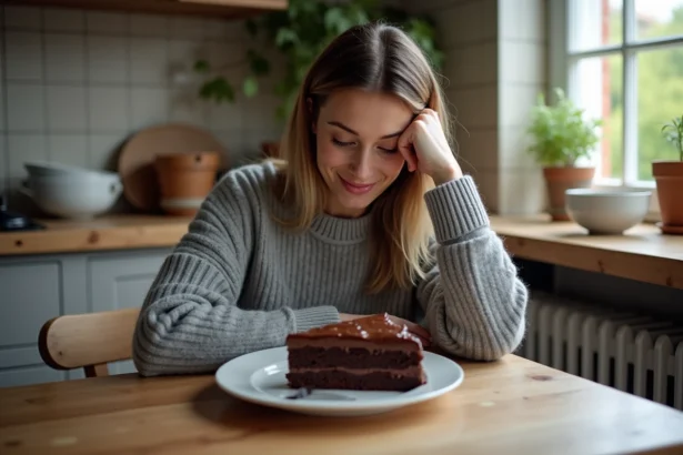 Femme souriante avec gâteau au chocolat maison
