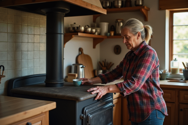 Femme inspectant un poêle en fonte dans une cuisine chaleureuse