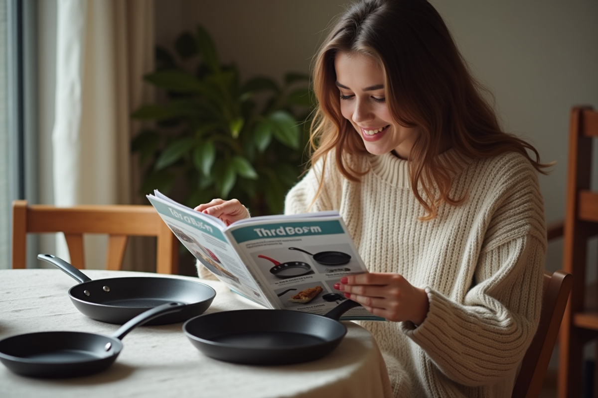 Jeune femme lisant un magazine avec des poêles sur la table