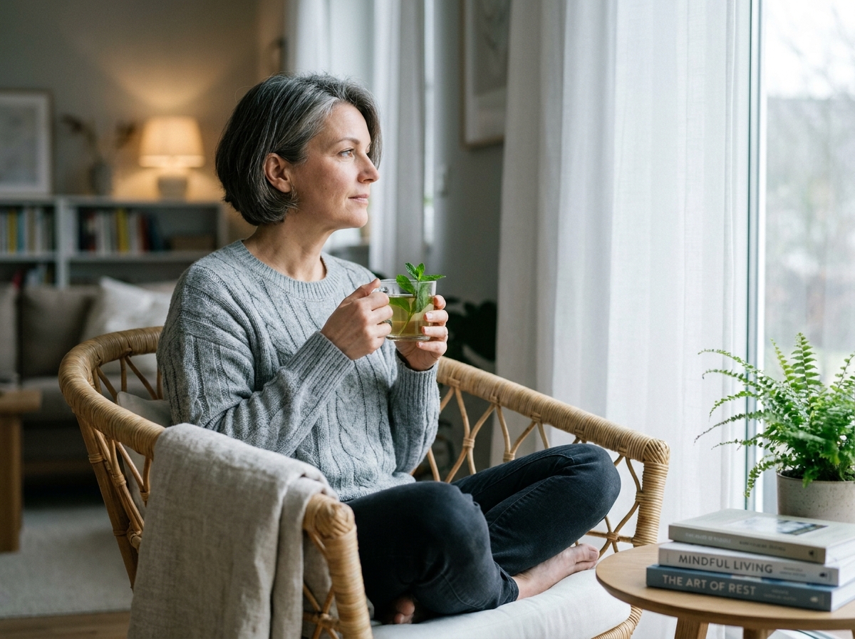 Femme mature savourant une tisane minceur bio à la menthe dans un salon cosy avec plantes et livres bien-être