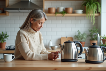 Femme examinant des bouilloires modernes dans une cuisine lumineuse