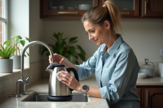 Femme nettoyant une bouilloire en inox dans la cuisine