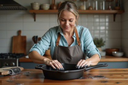 Femme nettoyant un set de fonte à la cuisine