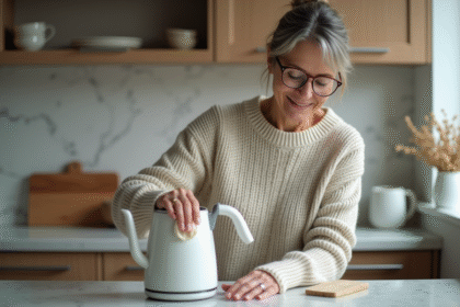 Femme en laine nettoyant une bouilloire électrique dans une cuisine lumineuse