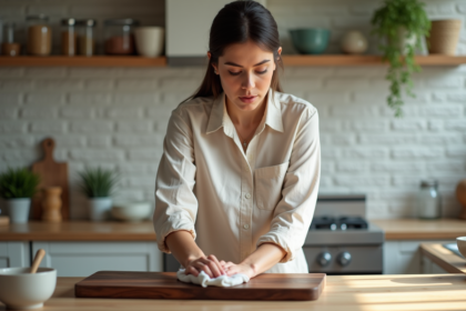 Jeune femme nettoyant une planche en bois dans la cuisine lumineuse