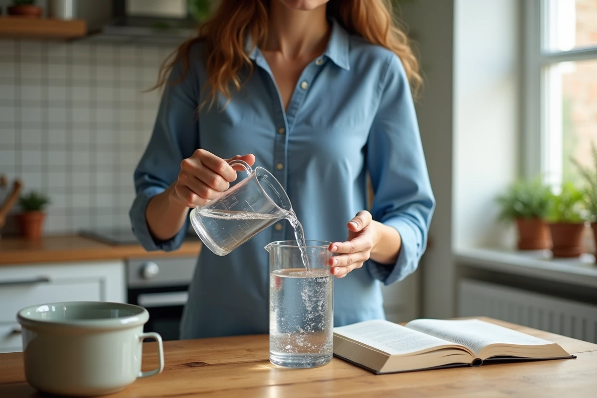 Jeune femme versant de leau dans un pichet en cuisine