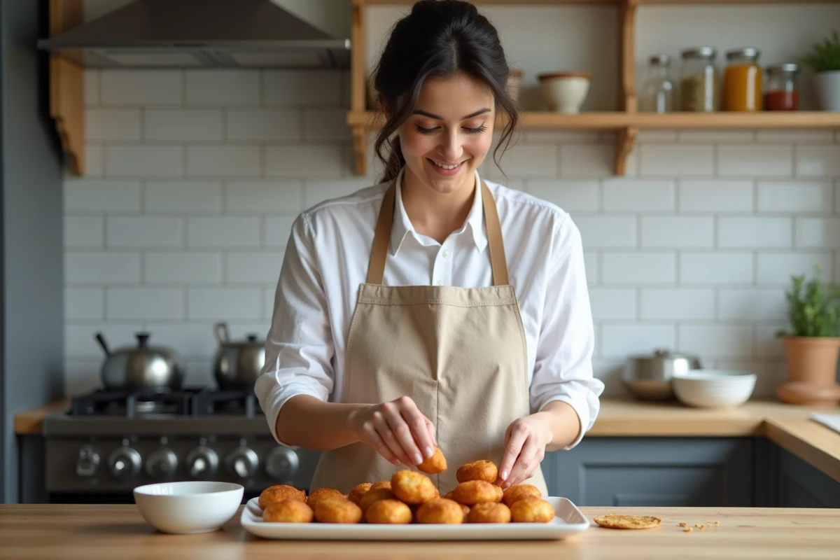 Jeune femme cuisinant des beignets d