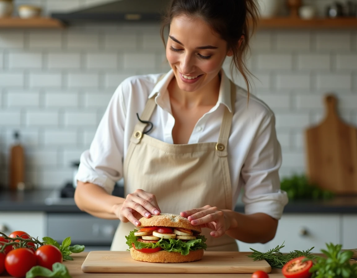 Femme préparant un sandwich avec un pain à la poêle maison garni de légumes grillés et de fromage frais dans une cuisine moderne