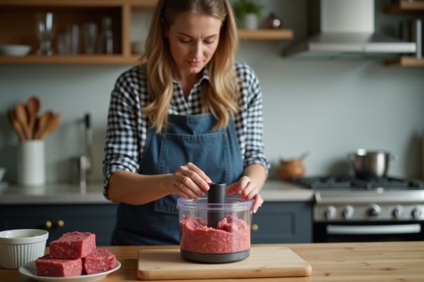 Femme en cuisine ajoutant de la viande hachée dans un robot