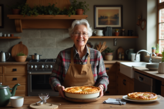 Femme québécoise servant une tourtière dans une cuisine chaleureuse