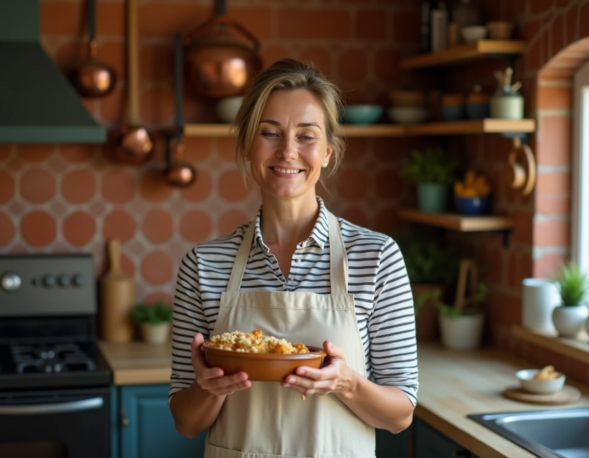 Femme préparant une recette au four à 180 degrés dans une cuisine chaleureuse avec plat en céramique