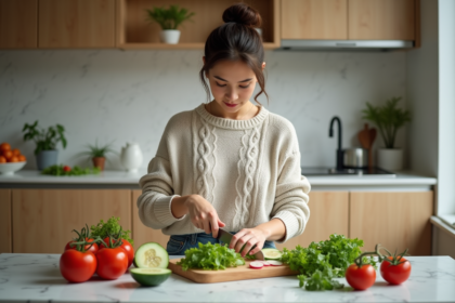 Jeune femme préparant une salade colorée dans la cuisine