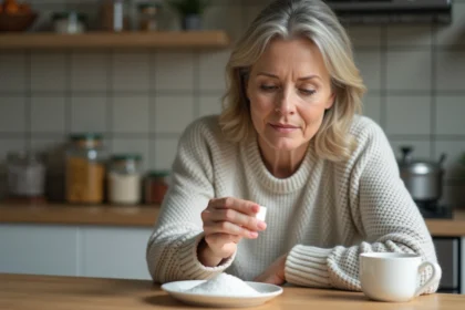 Femme assise à la cuisine avec un cube de sucre
