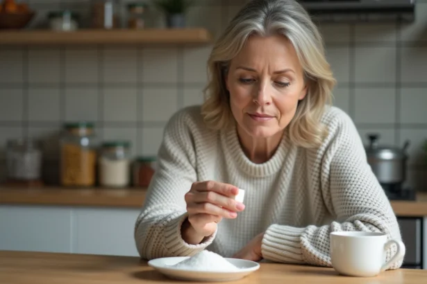 Femme assise à la cuisine avec un cube de sucre