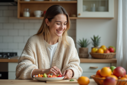 Jeune femme arrangeant des fruits dans une cuisine lumineuse