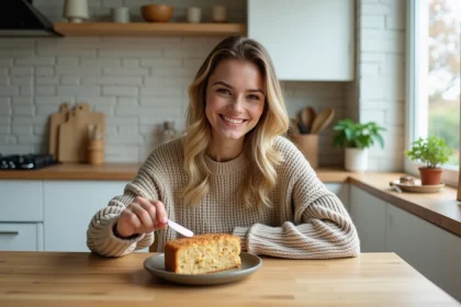 Jeune femme coupe un gâteau à l'avoine dans la cuisine