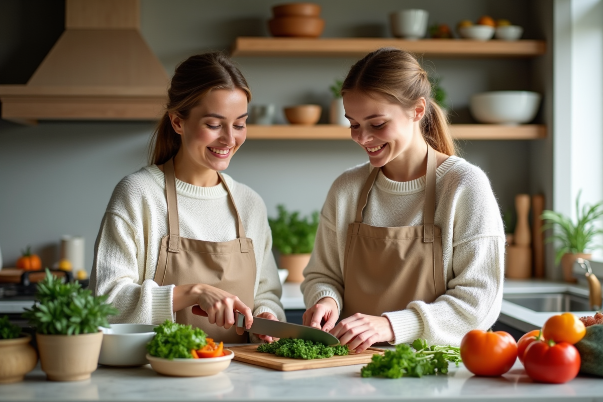 Femme et adolescente coupant des légumes dans la cuisine