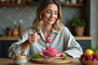 Femme dégustant un sorbet à la framboise dans une cuisine chaleureuse