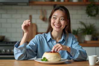 Jeune femme souriante découvrant un plat dans sa cuisine