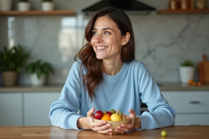Femme souriante avec bol de fruits frais et graines
