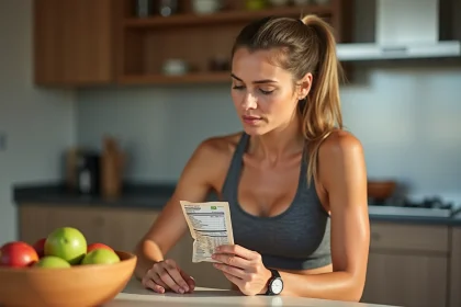 Femme sportive lisant une étiquette de viande jerky dans la cuisine
