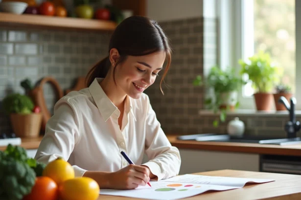 Jeune femme souriante remplissant un tableau de fruits Z