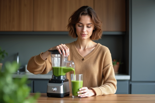 Femme testant un blender haut de gamme dans une cuisine moderne