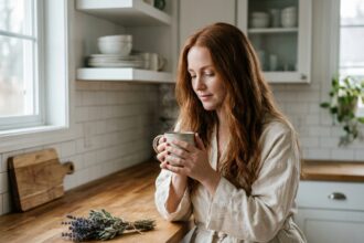 Femme en robe de lin tenant une tasse de tisane minceur bio dans une cuisine scandinave épurée