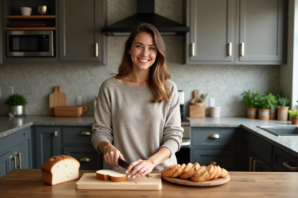 Femme souriante tranche pain keto dans la cuisine moderne