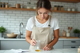 Jeune femme versant un liquide dans un verre gradué en millilitres et centilitres dans une cuisine moderne, guide visuel des équivalences 10ml en cl