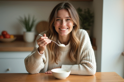 Jeune femme dégustant un yaourt dans la cuisine lumineuse