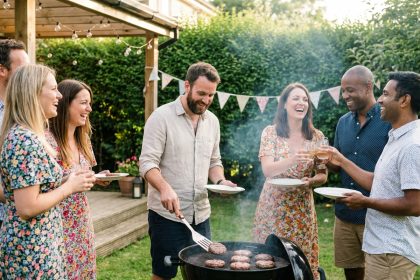 Groupe d'adultes souriants autour d'un barbecue en jardin