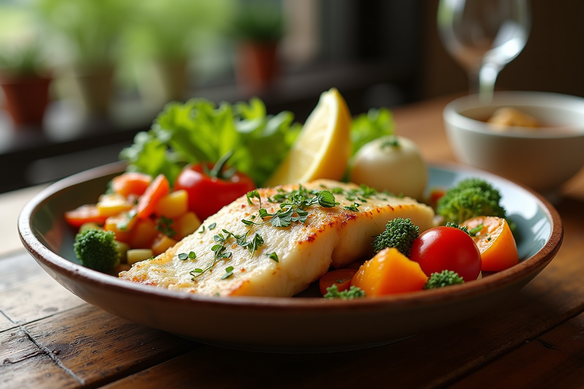 Filet de cabillaud poêlé sur assiette rustique avec légumes