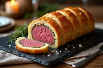 Filet mignon en croûte feuilletée dorée tranchée sur une ardoise rustique, révélant une viande rosée et une couche de moutarde aux herbes