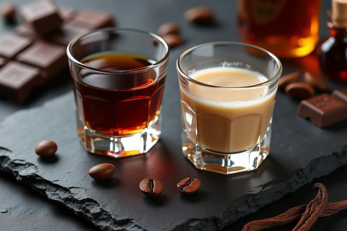 Vue de dessus de deux verres shot contenant du Kahlúa et du Baileys sur ardoise avec café chocolat et vanille