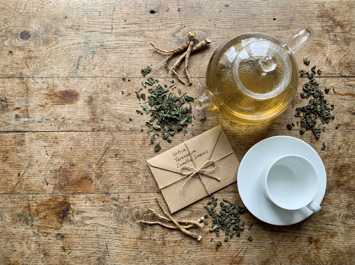 Flat lay de tisanes amincissantes biologiques avec plantes séchées et théière en verre sur table en bois rustique