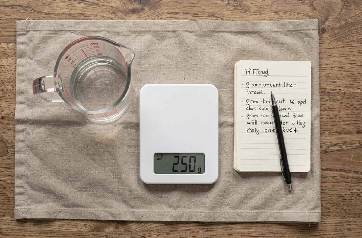 Vue de dessus d'une balance de cuisine et d'un verre gradué avec des notes de conversion grammes en centilitres sur une table en bois
