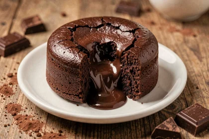 Fondant au chocolat sans gluten coupé en deux avec un cœur coulant bien visible sur une assiette blanche