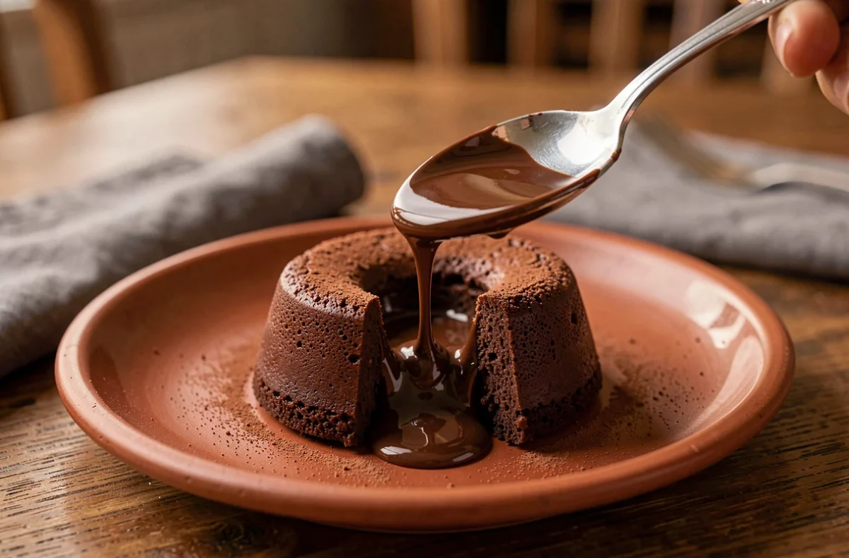 Fondant au chocolat sans gluten avec cœur coulant au moment de la découpe à la cuillère sur une assiette en terre cuite