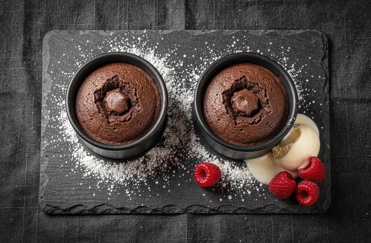 Deux fondants au chocolat sans gluten dans des ramequins noirs vus de dessus avec glace vanille et framboises fraîches