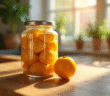 Fruit frais en conserve dans un pot en verre sur un plan de travail en bois