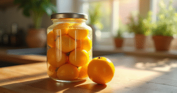 Fruit frais en conserve dans un pot en verre sur un plan de travail en bois