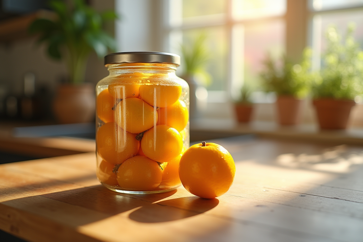 Fruit frais en conserve dans un pot en verre sur un plan de travail en bois