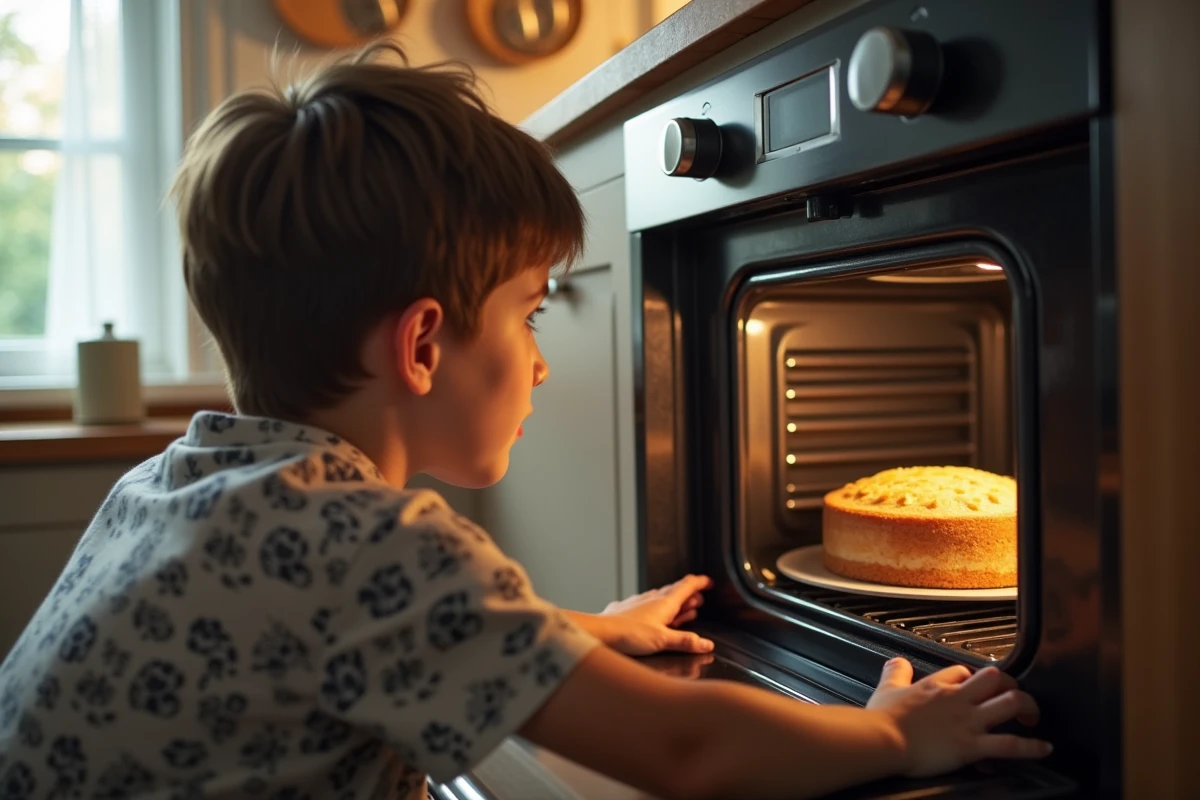 Adolescent observant un gâteau dans le four dans la cuisine moderne