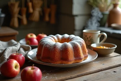 Gâteau moelleux à la compote de pomme sur une table en bois rustique, entouré de pommes fraîches et d'un bol de compote maison