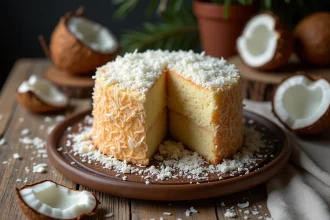 Gâteau de noix de coco fait maison façon grand-mère posé sur une table en bois rustique, tranché pour révéler une mie moelleuse et généreusement parsemée de noix de coco râpée